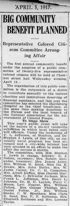 Newspaper article reporting on the first annual benefit by the Committee of Twenty-Five, April, 1917.